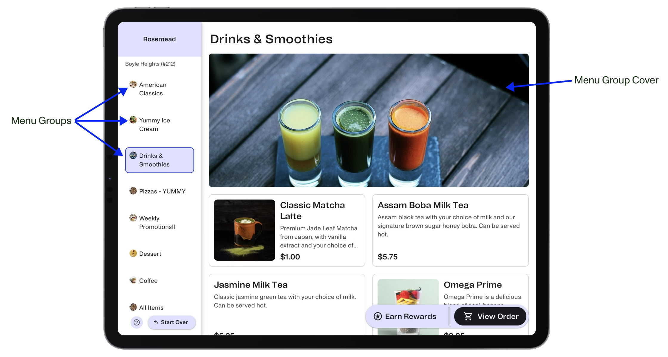Kiosk menu showing menu group titles down the left side and a menu group cover image at the top of the Drinks & Smoothies section
